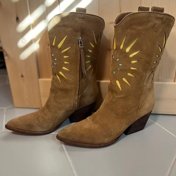 GOLO WOMEN'S CONTRASTING INLAID SUN WESTERN BOOTS - ROUND TOE - Picture 5 of 9